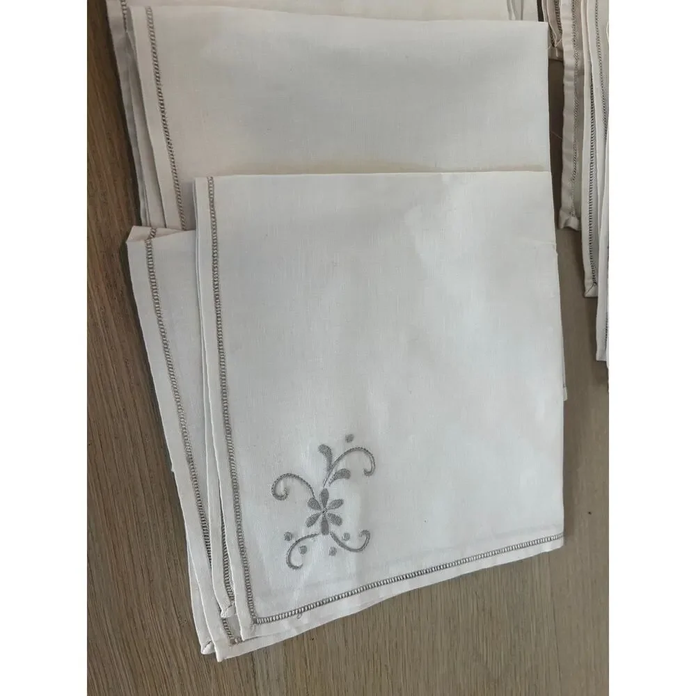 Set 12 Vintage Linen Napkins Gray Embroidered Corner Hemstitched 16